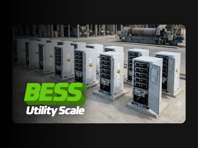 Sistema BESS Utility Scale em contêineres instalado em complexo industrial de grande porte, integrado à rede elétrica e ao sistema fotovoltaico para gerenciamento inteligente e armazenamento de energia.