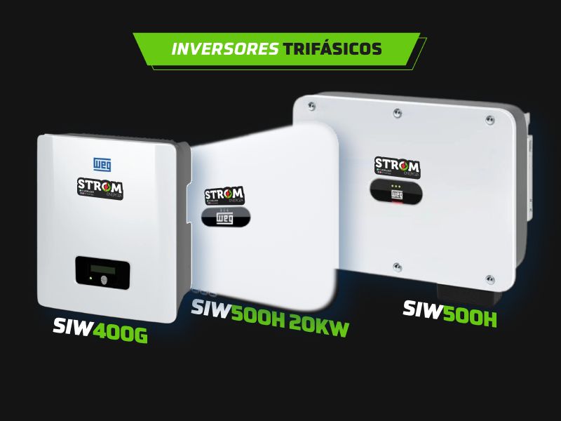 Inversor trifásico WEG instalado em sistema fotovoltaico comercial ou industrial, integrado a módulos solares para geração eficiente e monitoramento inteligente de energia.