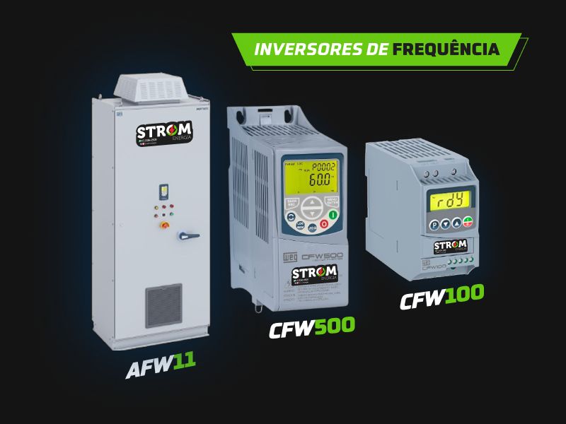 Inversor de Frequência WEG CFW11 para controle de velocidade e torque de motores elétricos em aplicações industriais, sistemas de bombeamento, ventilação, compressores e automação industrial.
